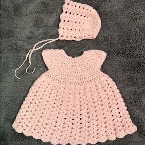 Handmade Pink Crochet Baby Dress and Bonnet